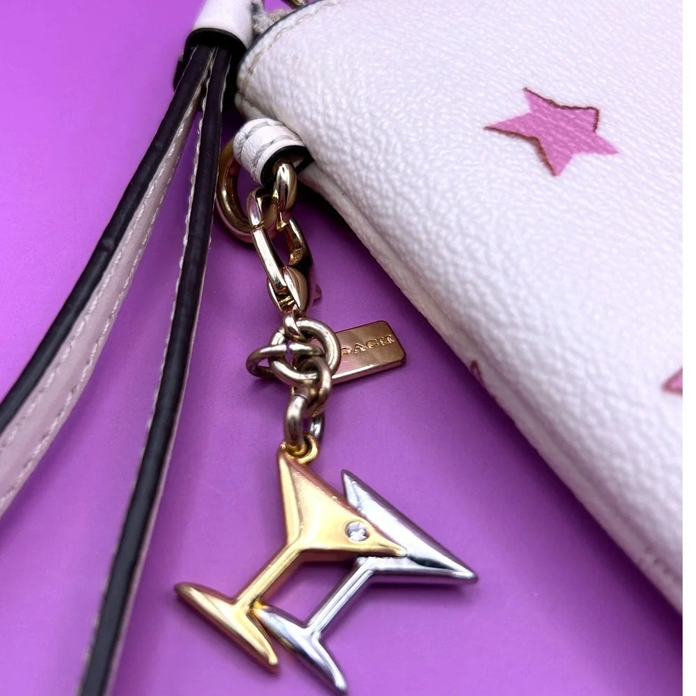 Coach Corner Zip Wristlet White Pink Shooting Star Celestial Martini Charm - Picture 6 of 15